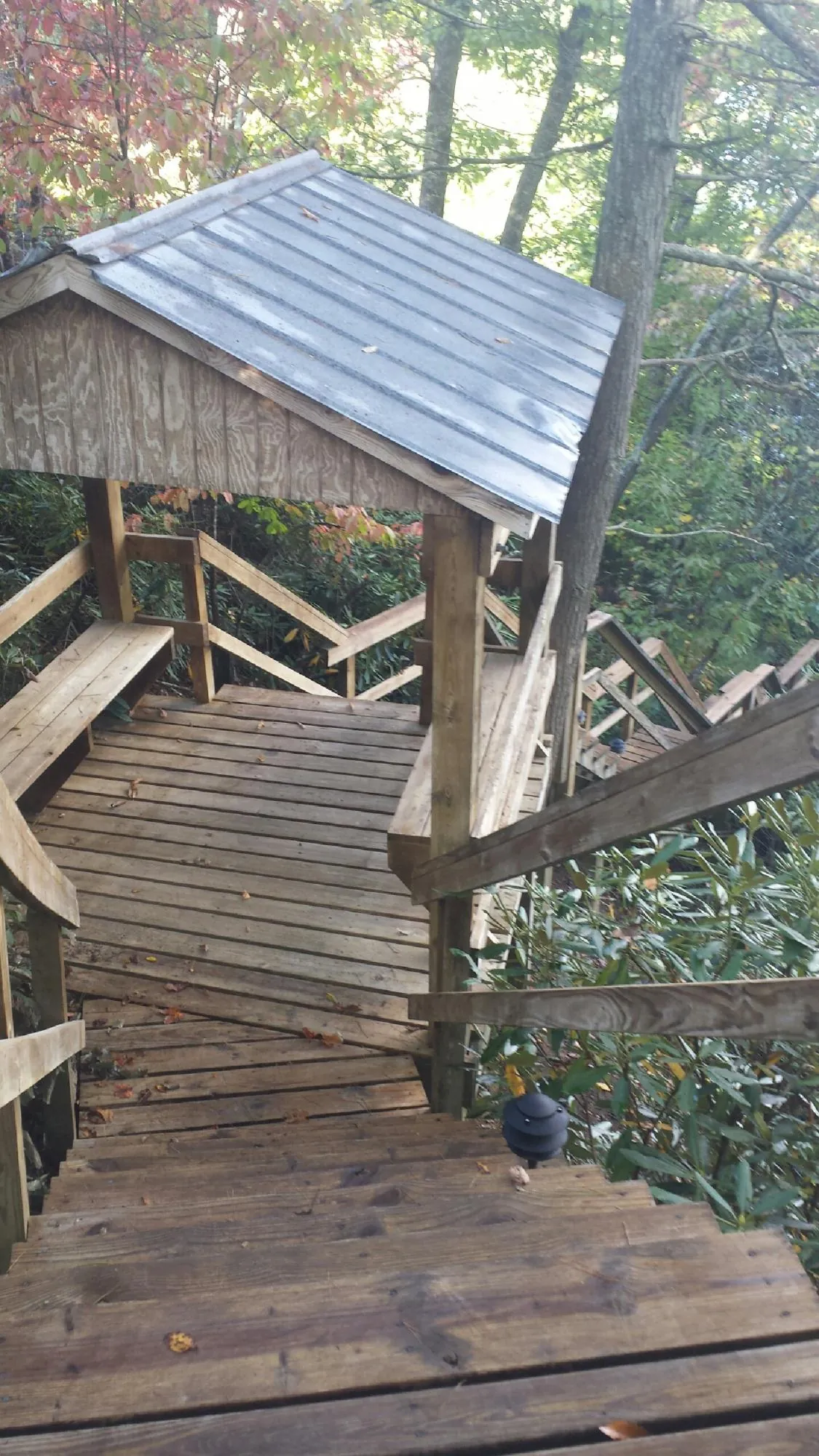 Metal roofed shelter over wooden steps on a wooded walkway — Skylight Repair & Installation work by our crew in Elmont